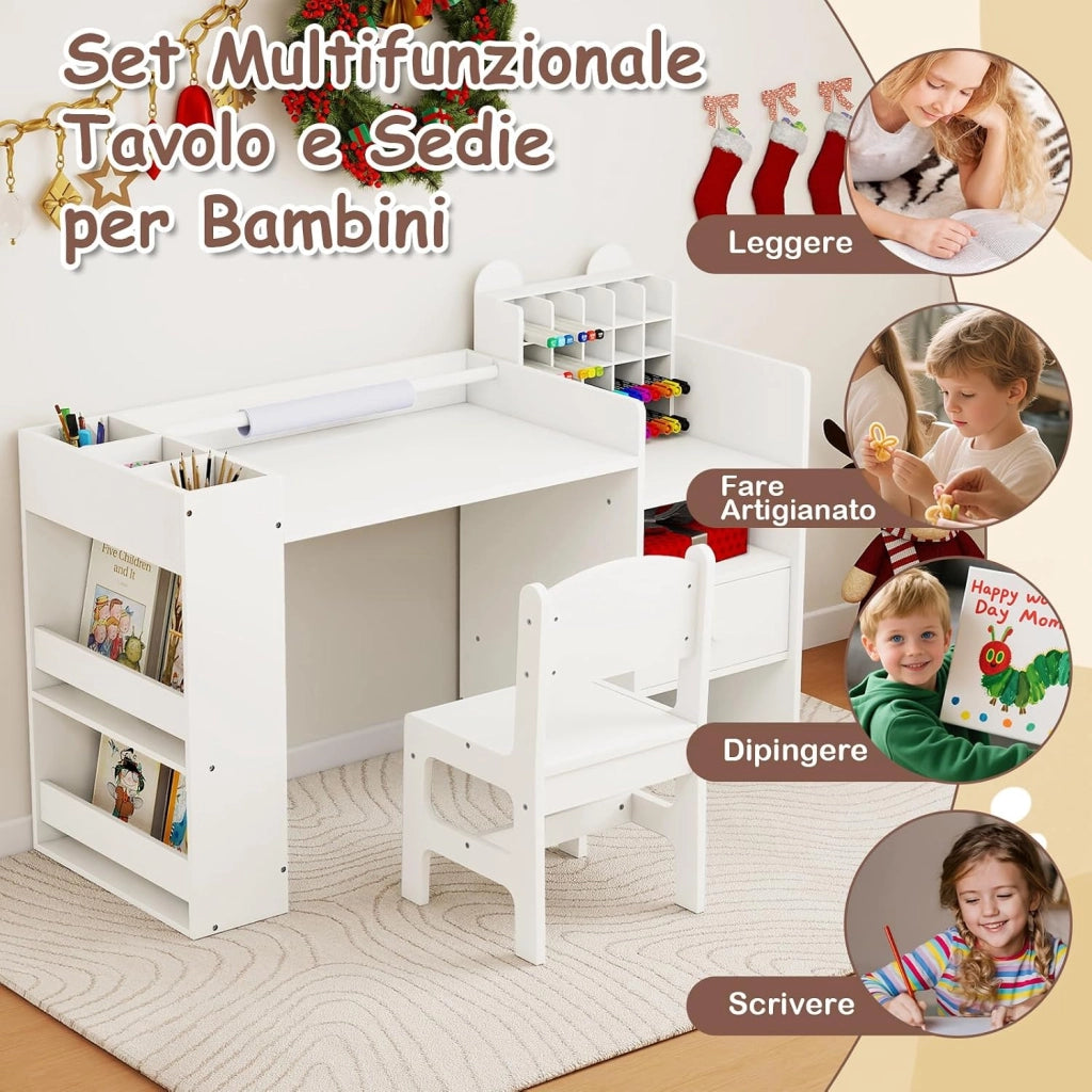 Set Tavolo e Sedia per Bambini 3+ con Porta Rotolo Carta Rimovibile | Scrivania Multifunzionale per Bambini con Mobile Cubo, Ripiani Laterali e Cassetto, Ideale per Lettura e Disegno