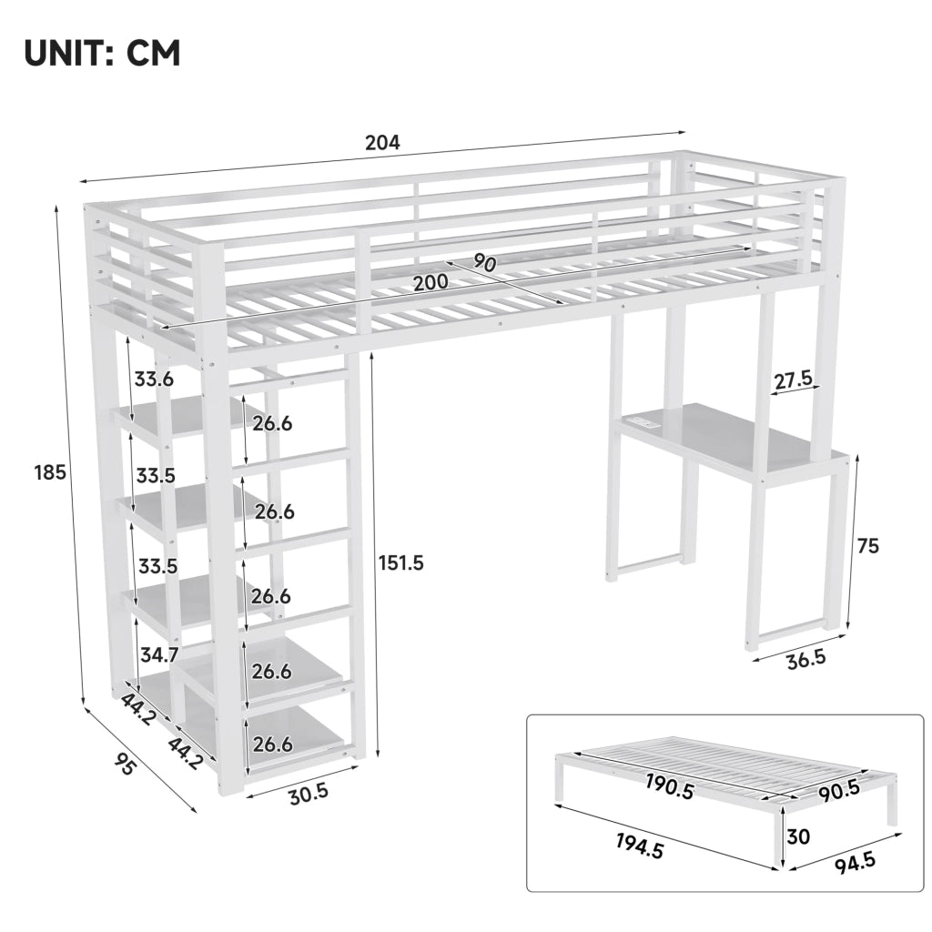 Letto a soppalco 90x200 cm con scrivania; 4 ripiani e vano abiti; MDF e metallo; bianco