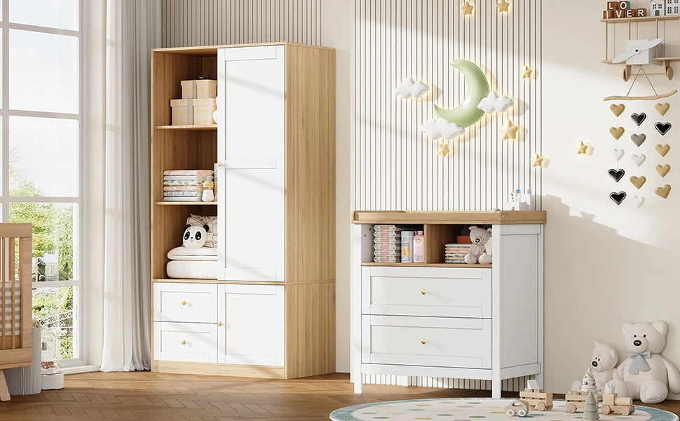 Set armadio e fasciatoio per bambino, con ante scorrevoli, ripiani, cassetti e struttura in MDF bianco effetto legno