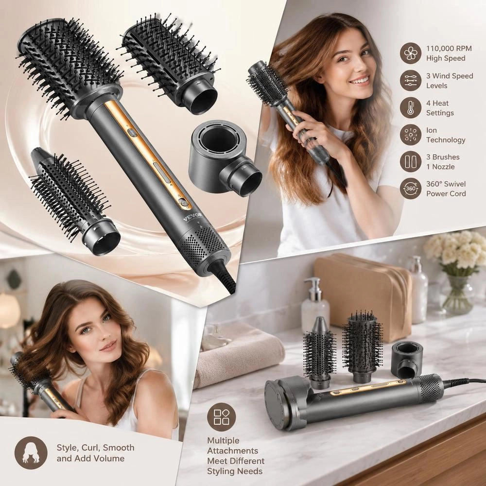 4-in-1 Multi-hair Styler, 110.000 Rpm High-speed Ionic Air Styler With 3 Brushes And 1 Nozzle, 4 Temperature And 3 Speed Settings, Blow-dry Brush For Curls, Styling And Volume