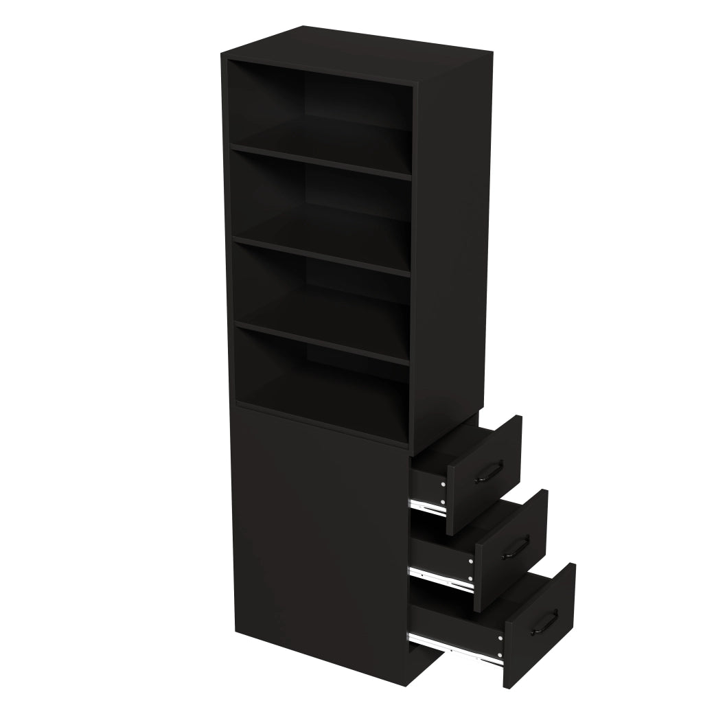 Libreria alta e stretta 180 cm con cassetti laterali, 4 vani aperti e ripiani regolabili, colore nero