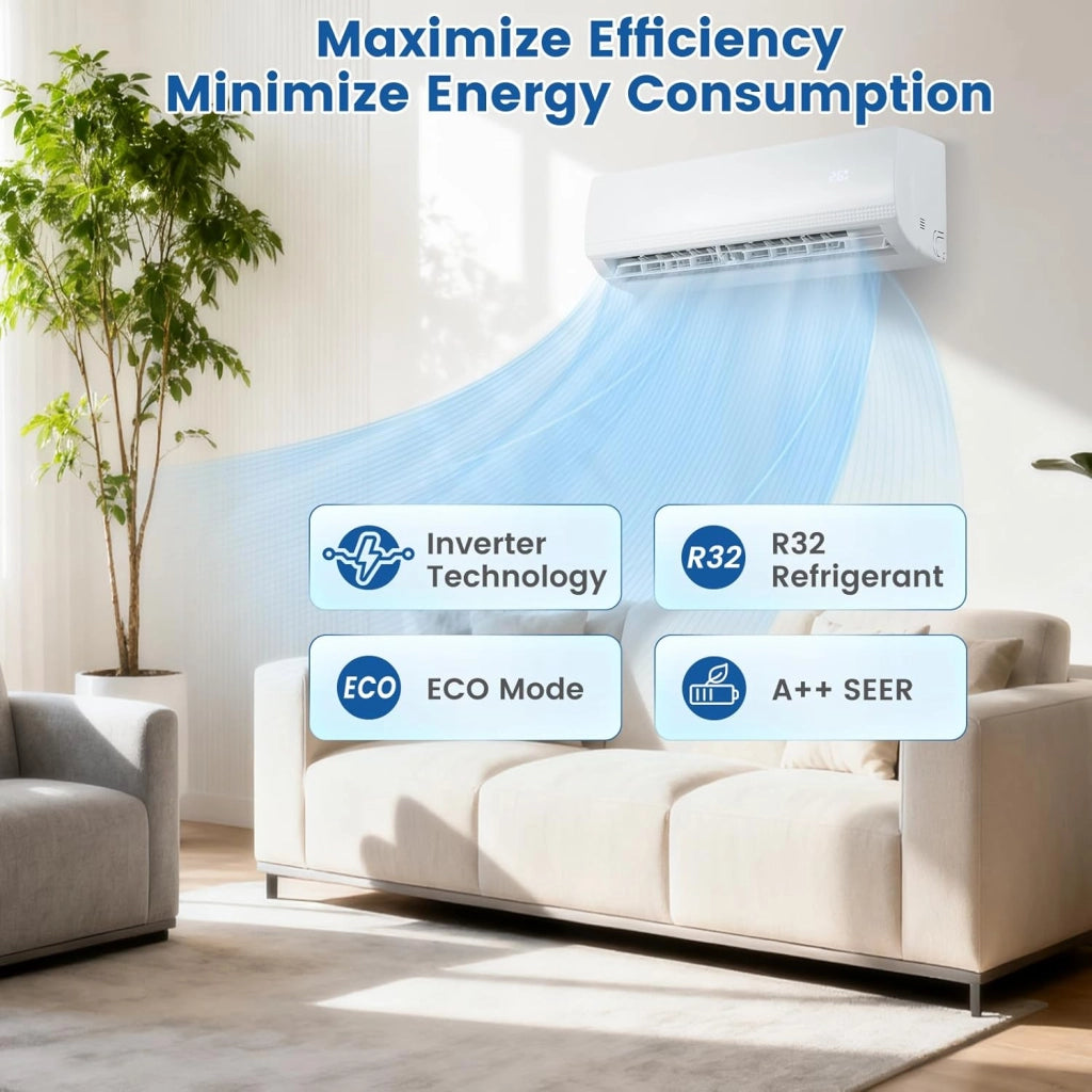 Split Condizionatore 9000 BTU Inverter R32 A++, Climatizzatore Eco, Riscaldamento/Raffreddamento/Deumidificazione, 7 Modalità, 8 Velocità del Ventilatore, Timer 24 Ore, Accessori Inclusi