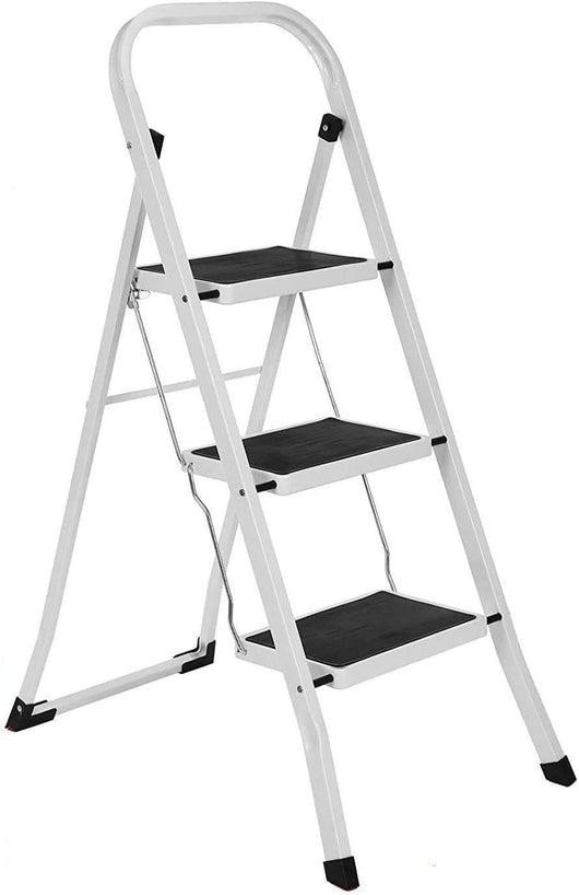 Scala a 3 Gradini  Pieghevole Facile da Riporre Portata max 150 kg, Bianco Semplice