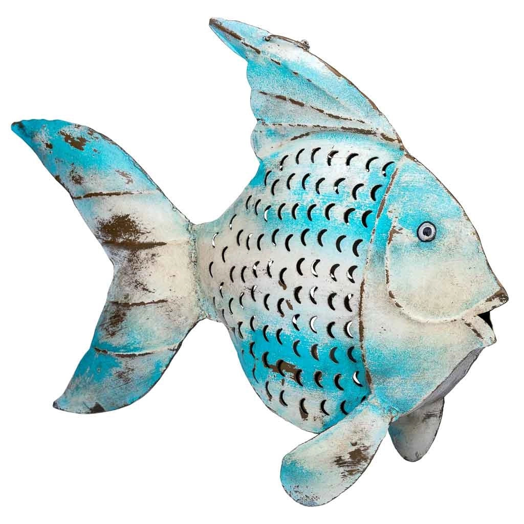 Portacandele in metallo invecchiato blu a forma di pesce, 56x10x42h cm
