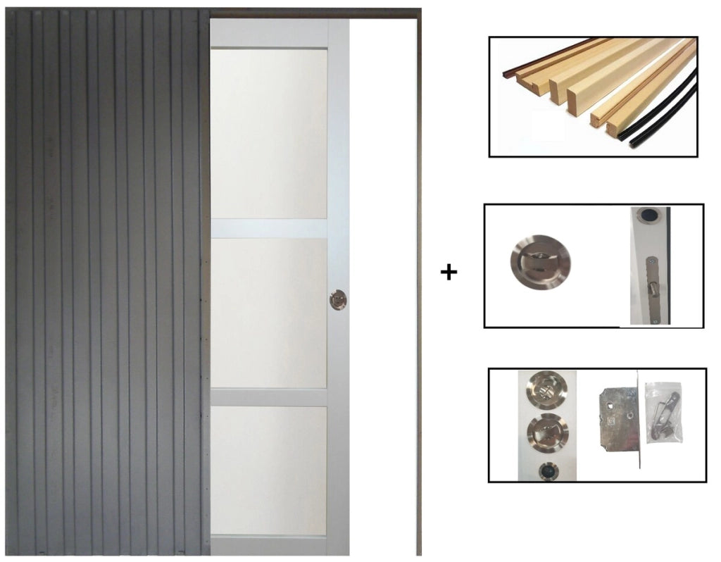 Porta scorrevole "Greyria" rivestita in grigio chiaro larghezza 93 Ral 7035 + sistema di galvanizzazione senza maniglia