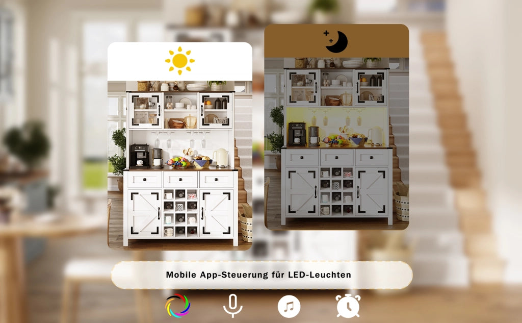 Mobile da cucina bianco 120×40×170 cm con 4 ante, 3 cassetti, prese USB, LED regolabile e supporto per bicchieri