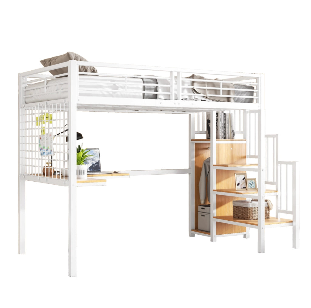 Letto a soppalco 90x200 cm con armadio integrato; MDF e metallo; bianco e naturale