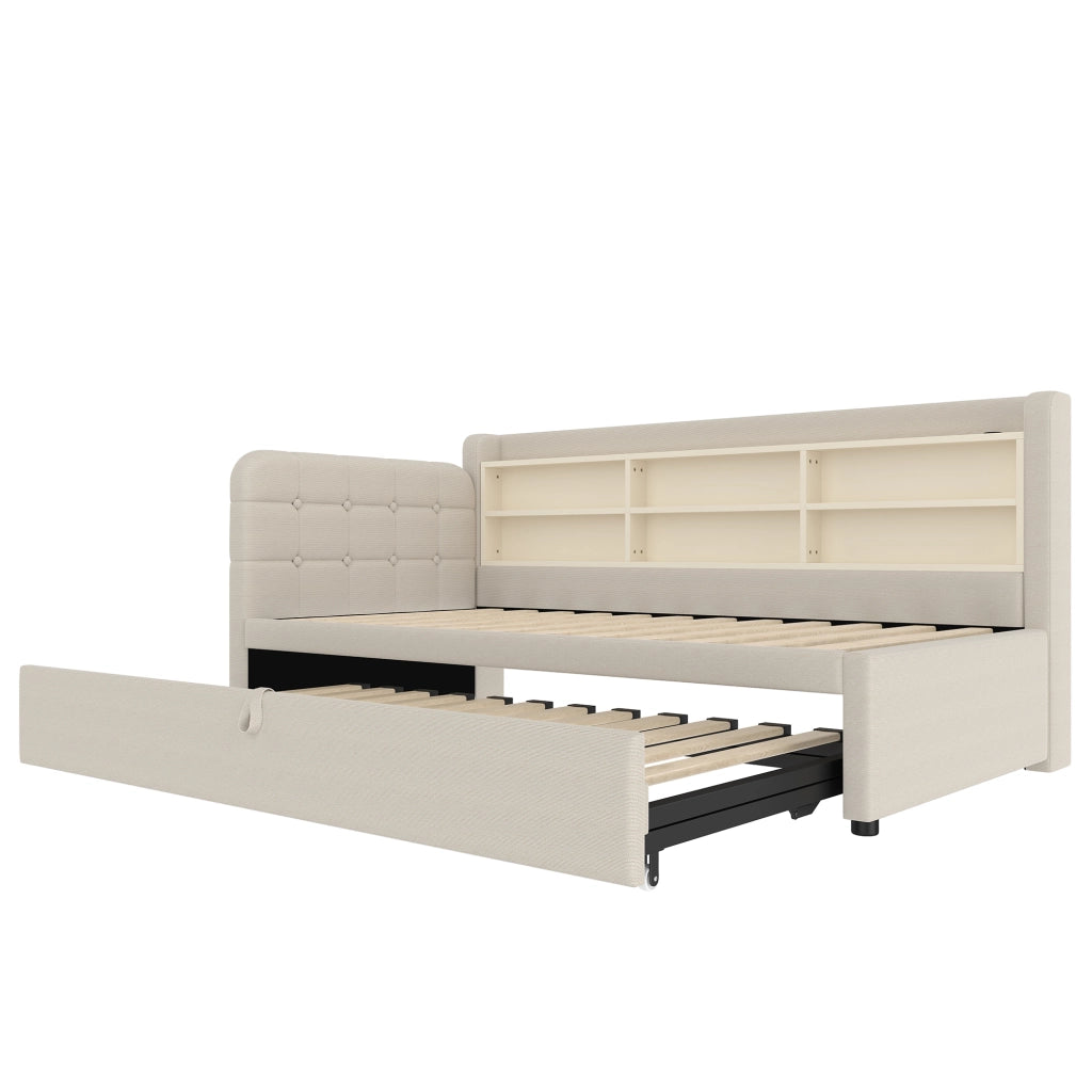 DESMIU Letto divano 90 × 200 cm 1 posto con USB, Type-C, ripiani, senza materasso, in lino, beige