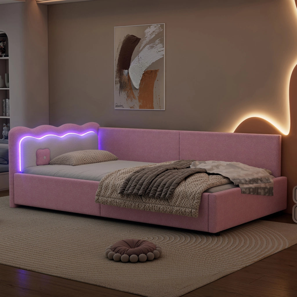 Letto giorno con luce LED velluto rosa 90x200 cm