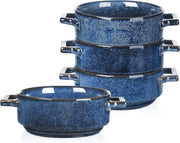 Set di 4 Ciotole in Ceramica con Maniglie, Zuppiera in Porcellana, Ciotola per Colazione, Ciotola per Stufato di Manzo, Ciotola per Chill, Ciotola per Pasta, Ciotola per Tartine, Sicurezza Magnetron e Forno, Blu