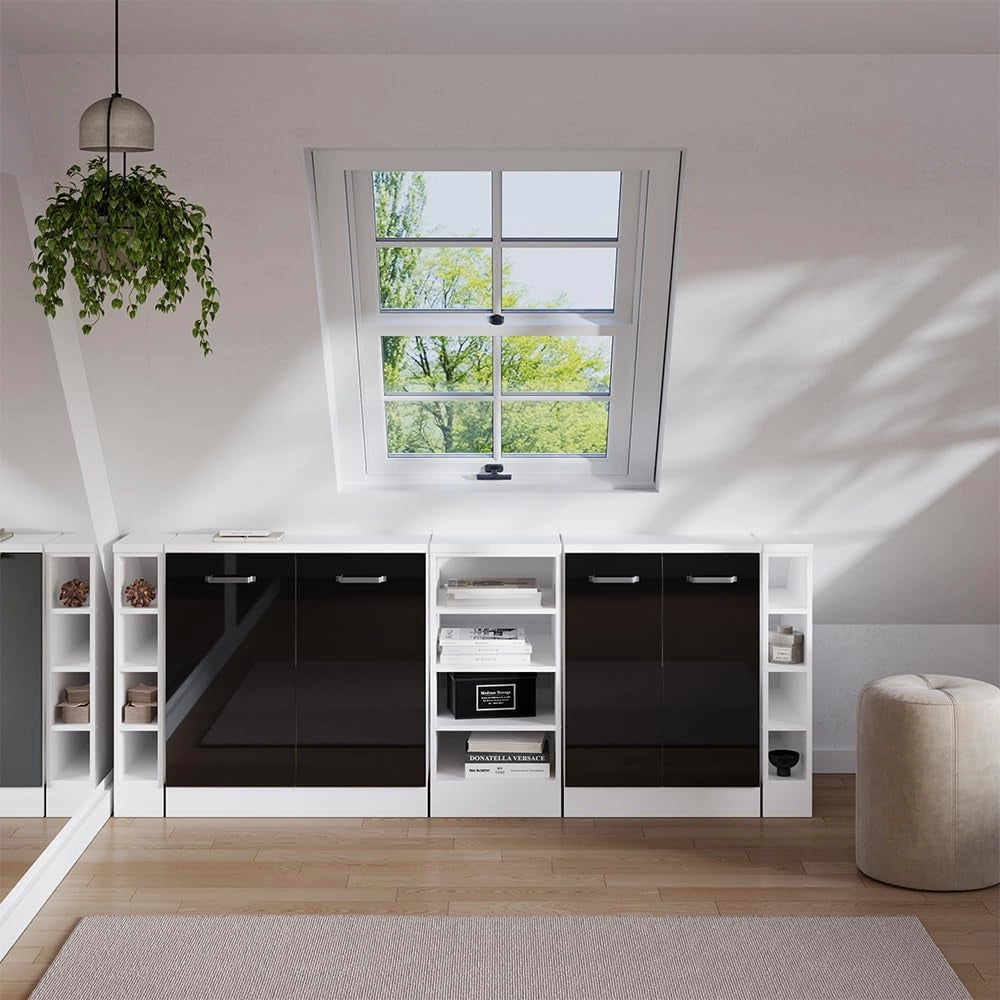 Set di mobili sottotetto Rion, Nero lucido, 210 cm Set di 5 carcasse armadio profondità 60 cm, adatto per il salvaspazio sotto tetti spioventi