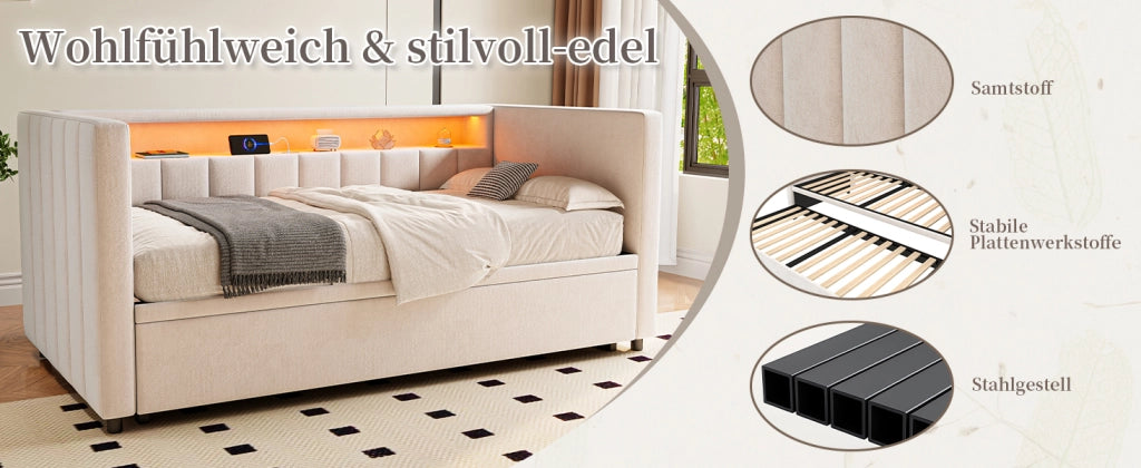 DESMIU Litto a scomparsa 90 × 190 cm 2 posti con USB-Type-C, LED regolabile e vano, senza materasso, in velluto beige