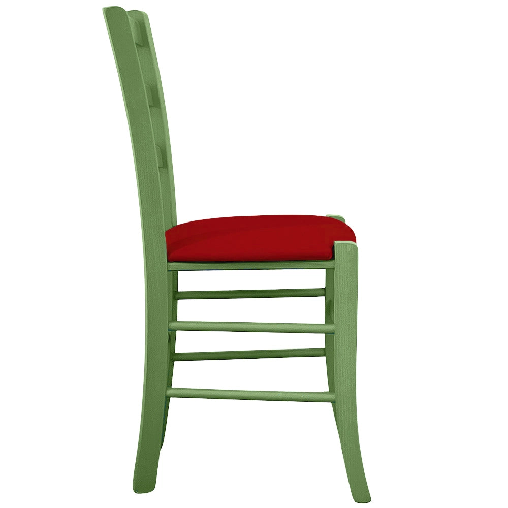 Sedie da sala da pranzo in legno Venezia verde con seduta in similpelle rosso