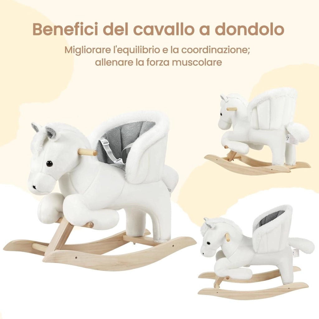 Cavallo a Dondolo in Legno Cavalluccio per Bambini Peluche Giocattolo Cavalcabile con Suoni e Cintura di Sicurezza Regalo Bimbi 1/2/3 Anni, Bianco e Grigio