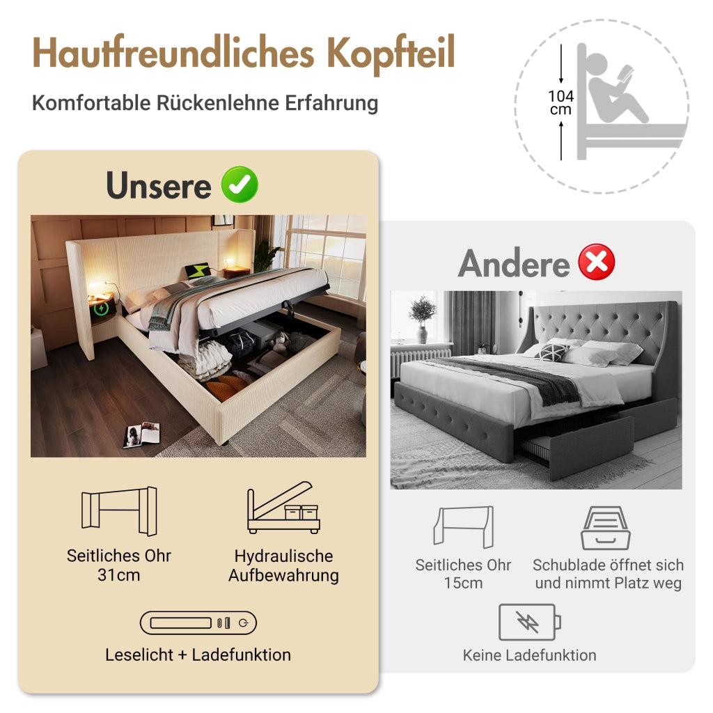 LETTO CONTENITORE 180x200 cm in corduroy beige-bianco con testiera multifunzione