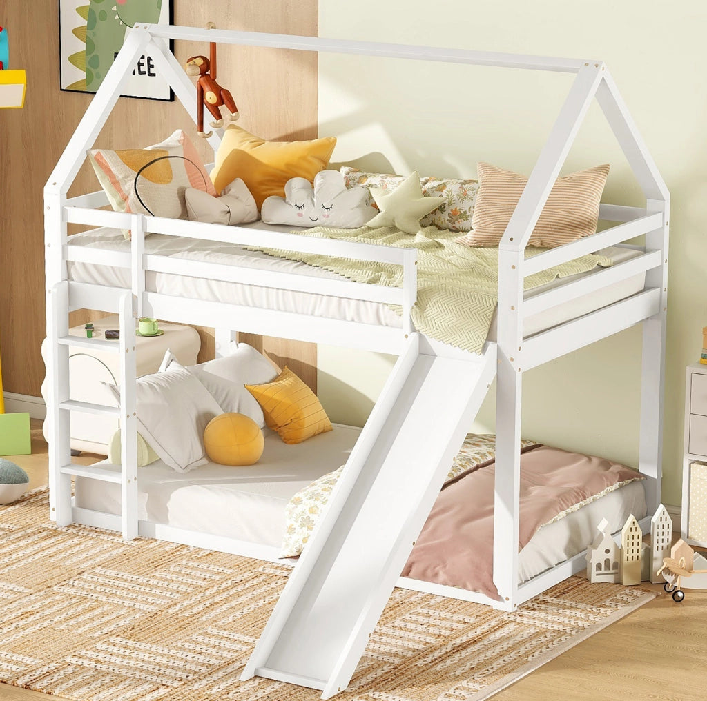 Letto a castello a casetta 90x200 cm con scivolo e scala, bianco