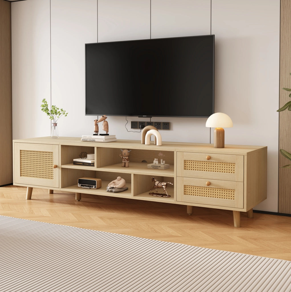 Mobile TV 160 cm effetto rovere con rattan, 2 cassetti e anta