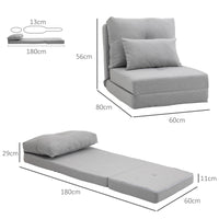 Poltrona Letto 3 in 1 Convertibile in Chaise Longue e Divano da Terra con 2 Cuscini in Tessuto Effetto Lino Grigio