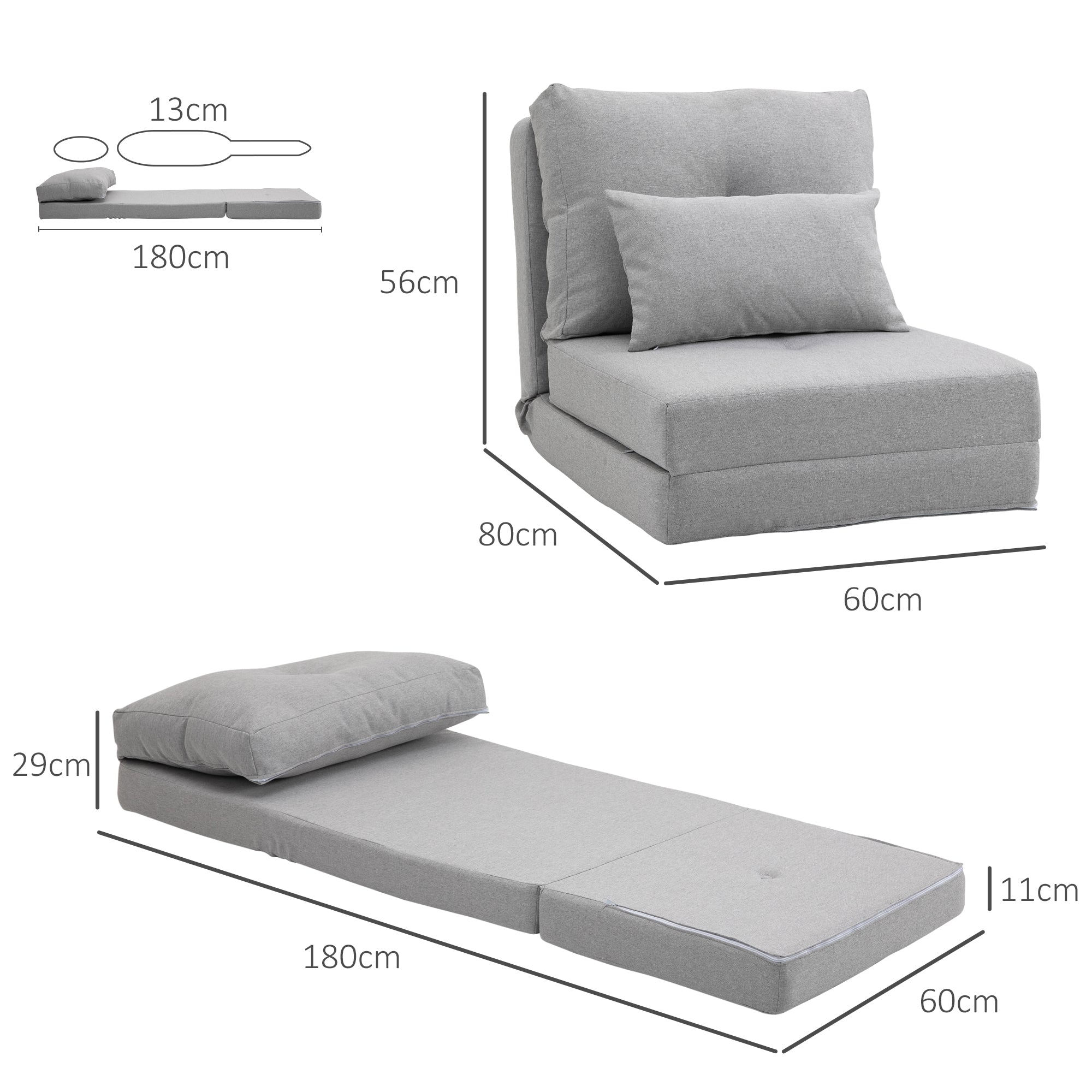 Poltrona Letto 3 in 1 Convertibile in Chaise Longue e Divano da Terra con 2 Cuscini in Tessuto Effetto Lino Grigio