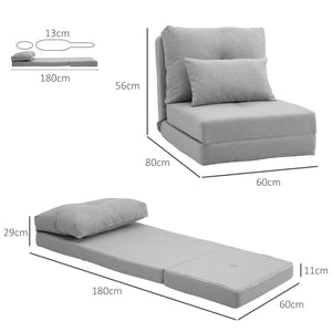 Poltrona Letto 3 in 1 Convertibile in Chaise Longue e Divano da Terra con 2 Cuscini in Tessuto Effetto Lino Grigio