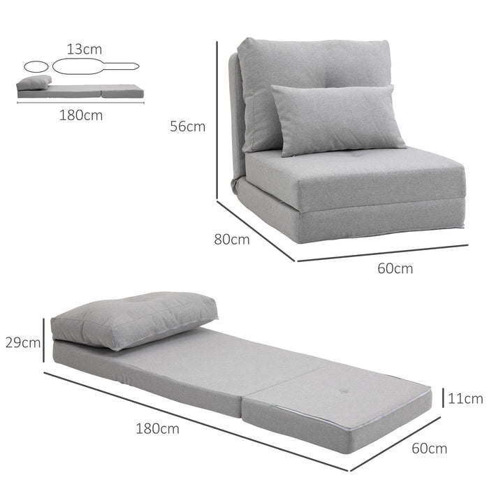 Poltrona Letto 3 in 1 Convertibile in Chaise Longue e Divano da Terra con 2 Cuscini in Tessuto Effetto Lino Grigio