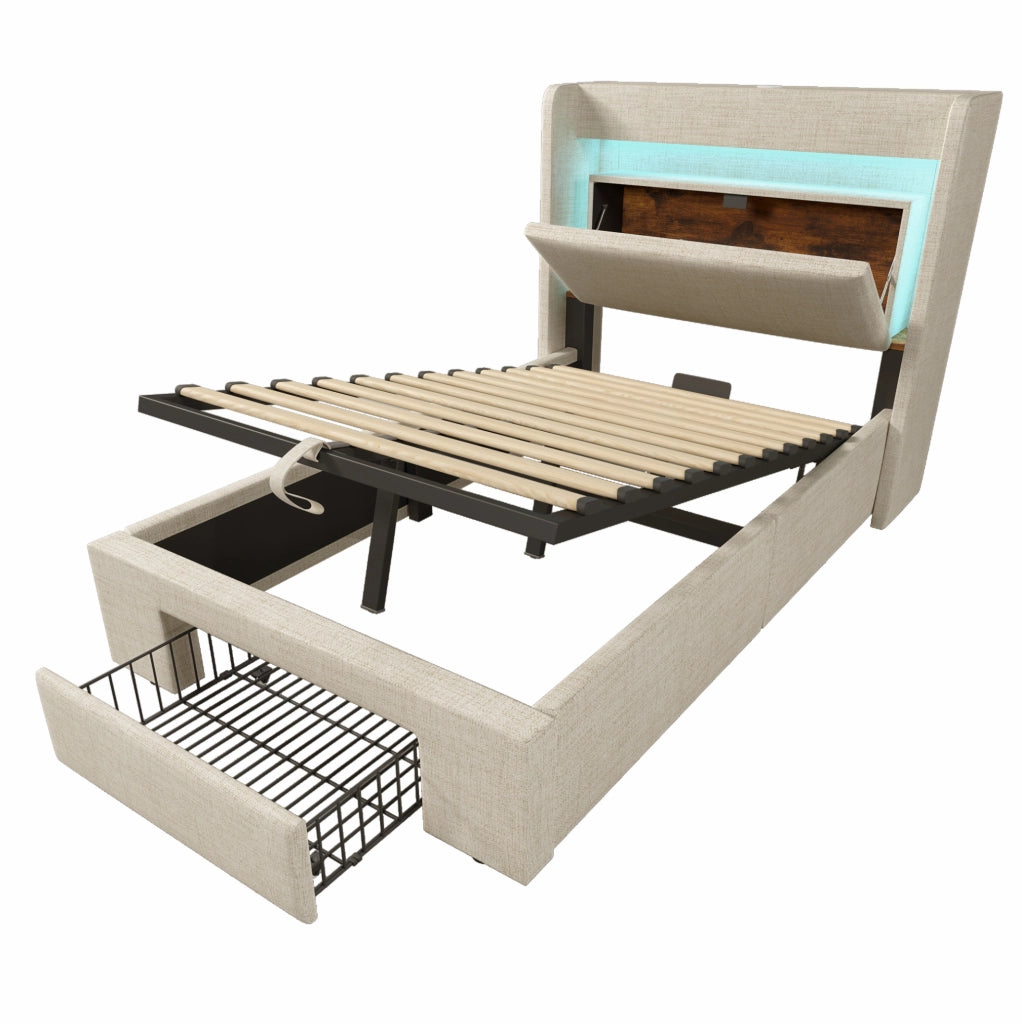 Letto imbottito 90x200 cm in lino beige con LED; USB e vano contenitore; con materasso
