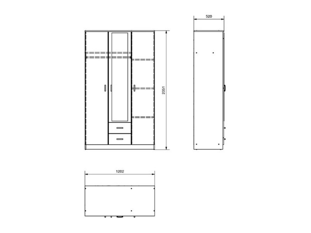Armadio Camera da Letto Crati, Guardaroba 3 Ante Appendiabiti, 120x52 cm Marrone Quercia