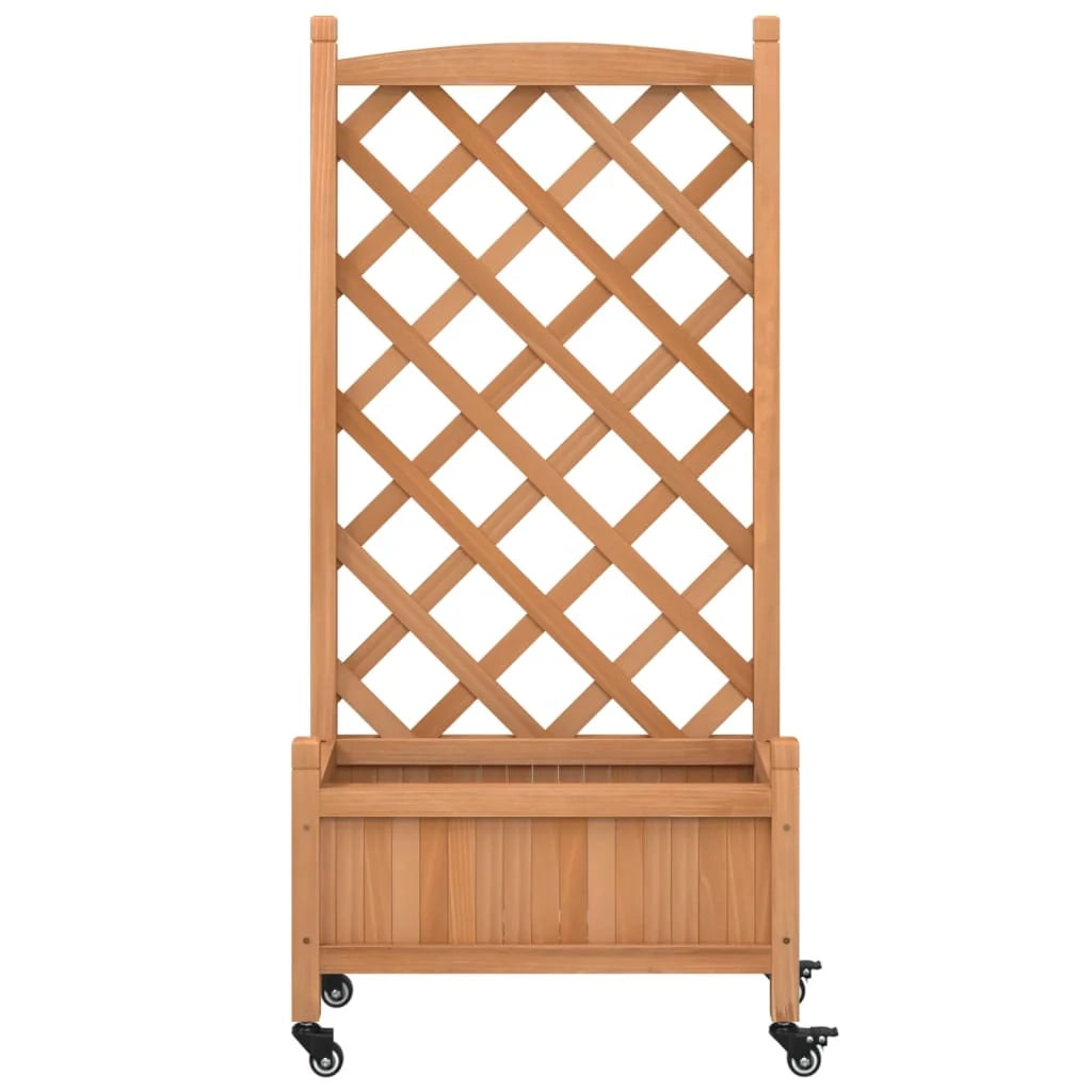 Portavaso per fioriera aiuola rialzata piante fiori terrazza giardino con traliccio e ruote in legno massello di abete marrone 02_0038372