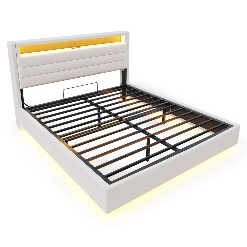 Letto imbottito matrimoniale 140x200 cm con contenitore idraulico; USB e luci LED; beige