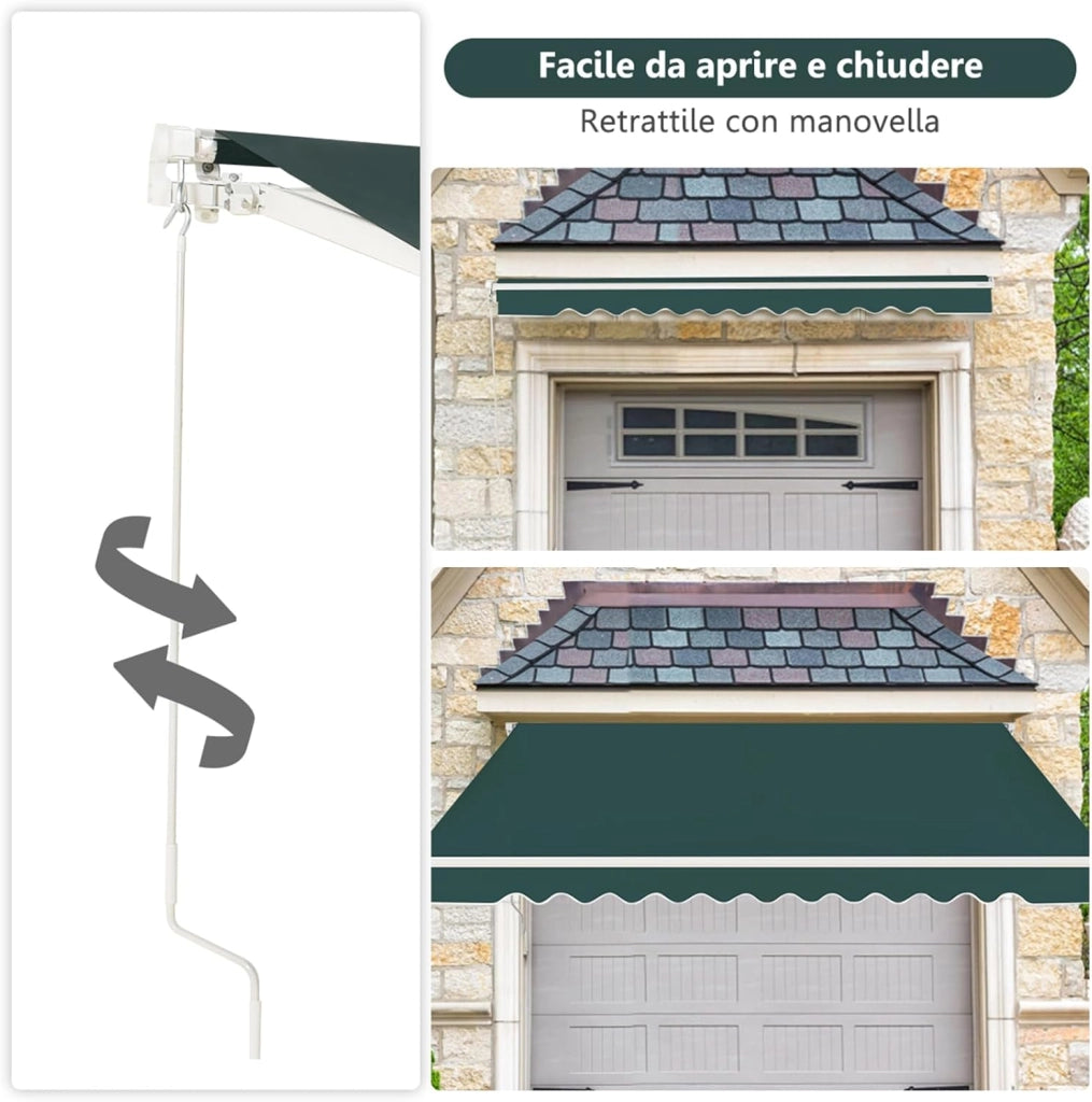Tenda da Sole per Esterno Avvolgibile 3,6 x 3 M, Tenda da Sole a Bracci Estensibili con Telaio in Alluminio, Tettuccio Resistente al Sole e Impermeabile e Manovella (3,6 x 3 M, Verde)