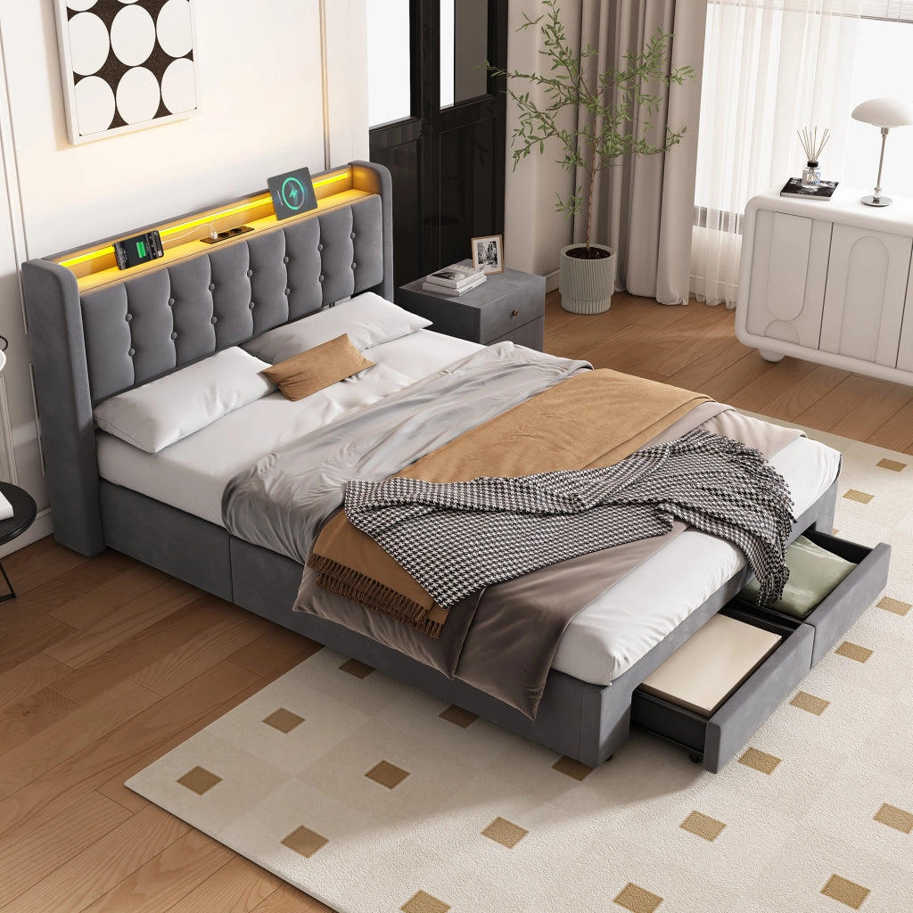 LETTO Imbottito 140 x 200 cm in Velluto con LED, USB e 2 Cassetti
