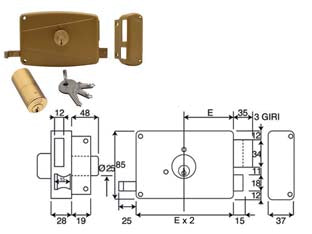 SERRATURA DA PORTONCINO APPLICARE DOPPIO CIL. FISSO SCROCCO+CATEN 3M- - mm.60 DX (310A) - 1 pezzi WALLY