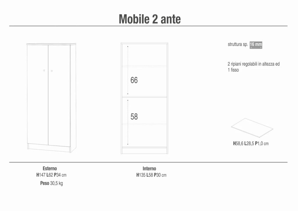 Armadio mobile 2 ante 62x34x147H cm con 3 ripiani in kit di montaggio colore Olmo chiaro