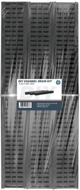 KIT 3 PZ. CANALETTE NOR cm. 13x100x5 h + 3 GRIGLIE POLIPROPILENE cm. 13x100 + 2 TAPPI
