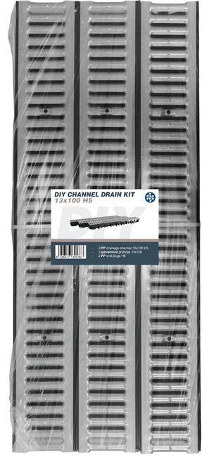 KIT 3 PZ. CANALETTE NOR cm. 13x100x5 h + 3 GRIGLIE ZINCATE cm. 13x100 + 2 TAPPI