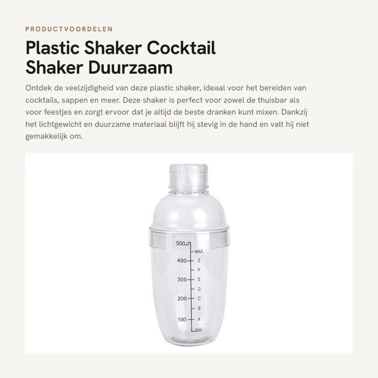 Shaker per cocktail 530ml - Materiale di alta qualità - Leggero/Ecologico - Facile da pulire - Adatto per uso domestico/professionale - Superficie lucida