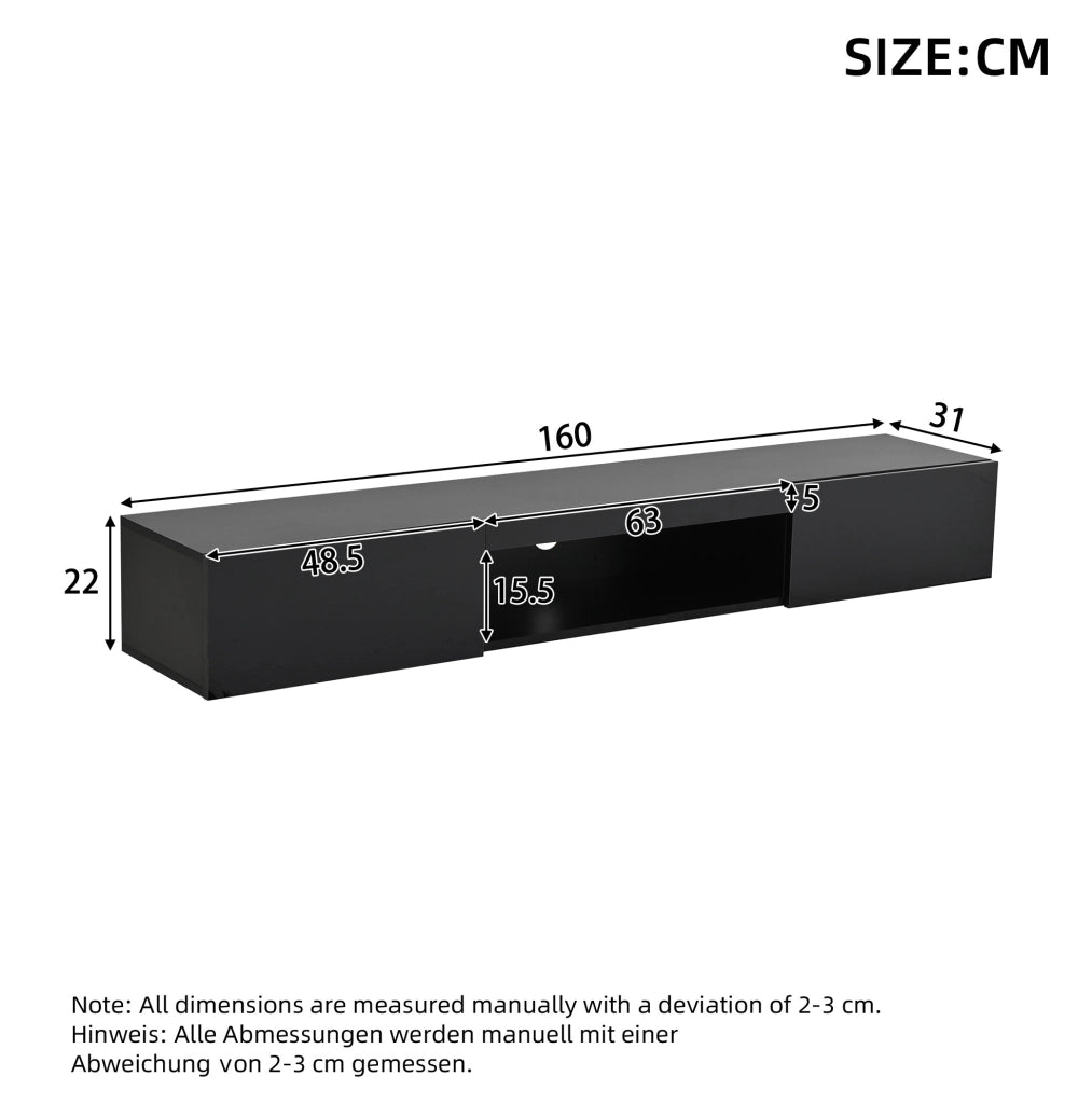 Mobile TV sospeso 160x31x22 cm con illuminazione LED e frontale lucido in legno nero