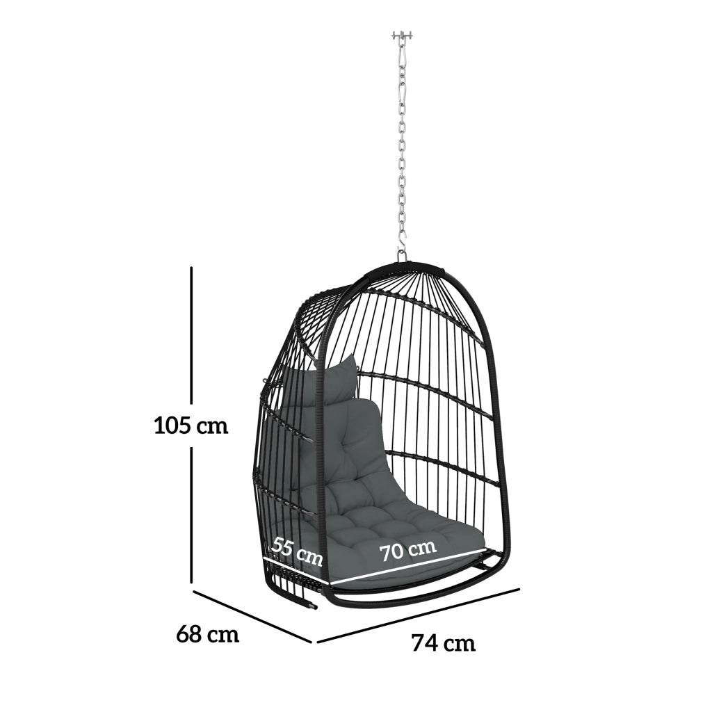 Cesta appendibile con cuscini altalena in rattan polietileno sedia pieghevole da interno caricabile fino a 150kg altalena appendibile in vimini per balcone in soggiorno terrazza grigio scuro