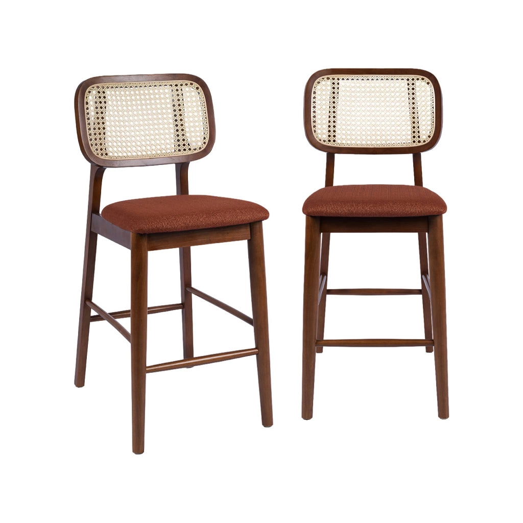 Set 2 sgabelli da bar vintage in legno di hevea con impagliatura e