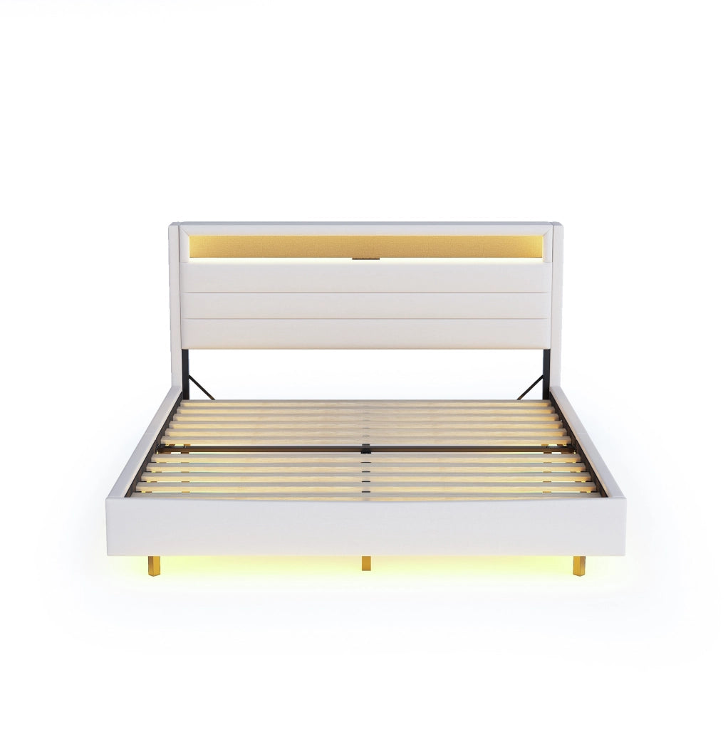 Letto imbottito matrimoniale 140x200 cm beige con USB; LED e testiera ribaltabile
