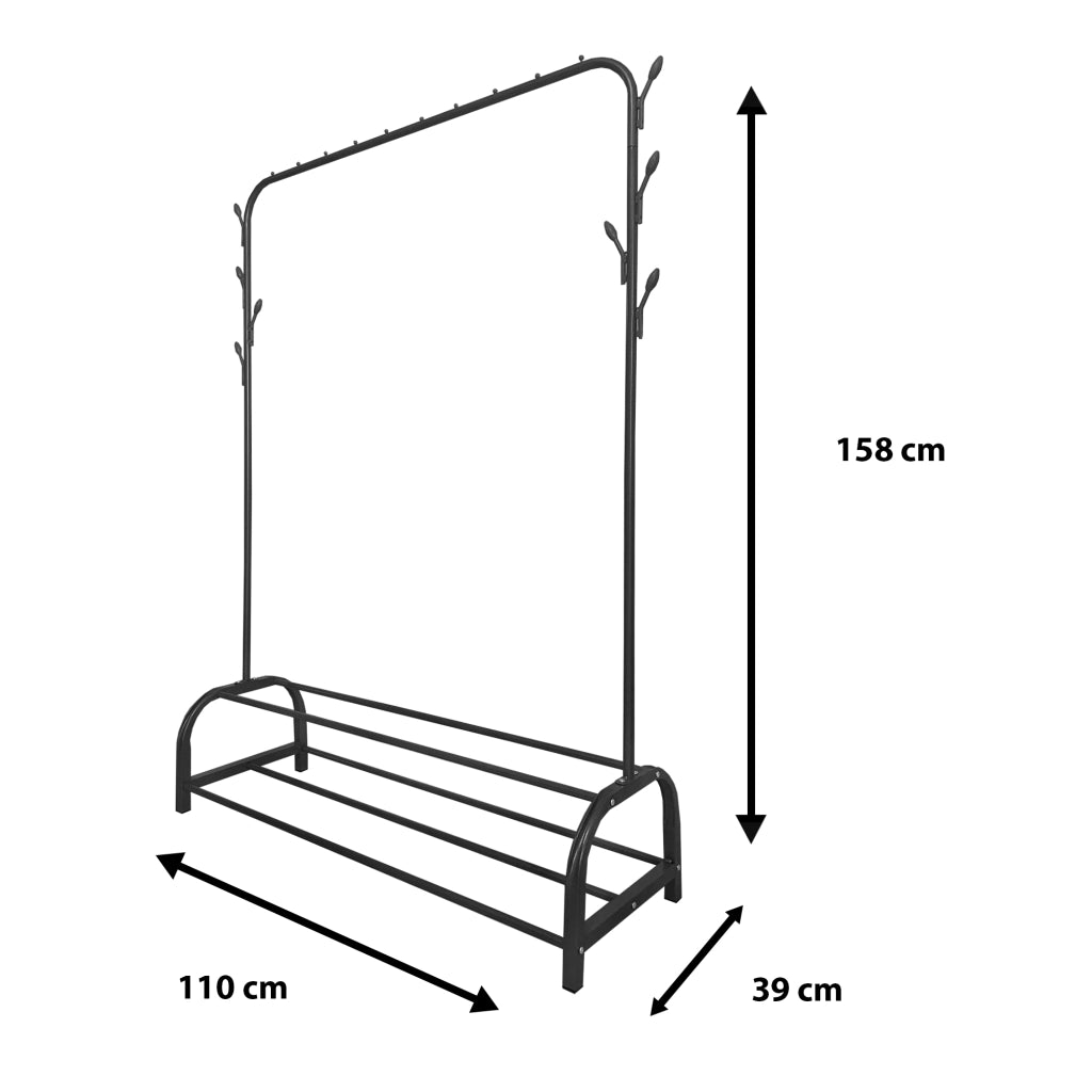 Appendiabiti Donkey Premium Rack a 2 supporti Nyana Home 158x110x39 cm, 1 barra appendiabiti, 8 ganci laterali, 2 ripiani inferiori Nero.