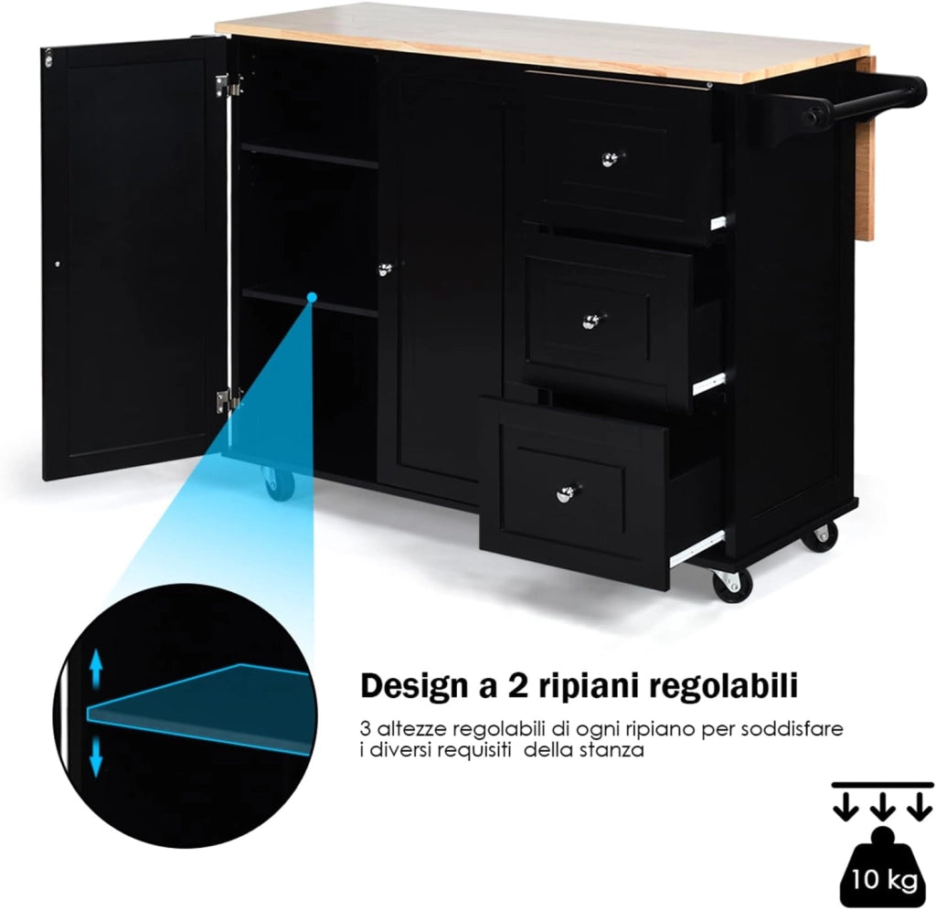 Carrello da Cucina in Legno, Credenza Cucina Salvaspazio con Mensole Regolabili, Armadietto per Microonde con Cassetti, 136 x 76 x 91 cm (Nero)