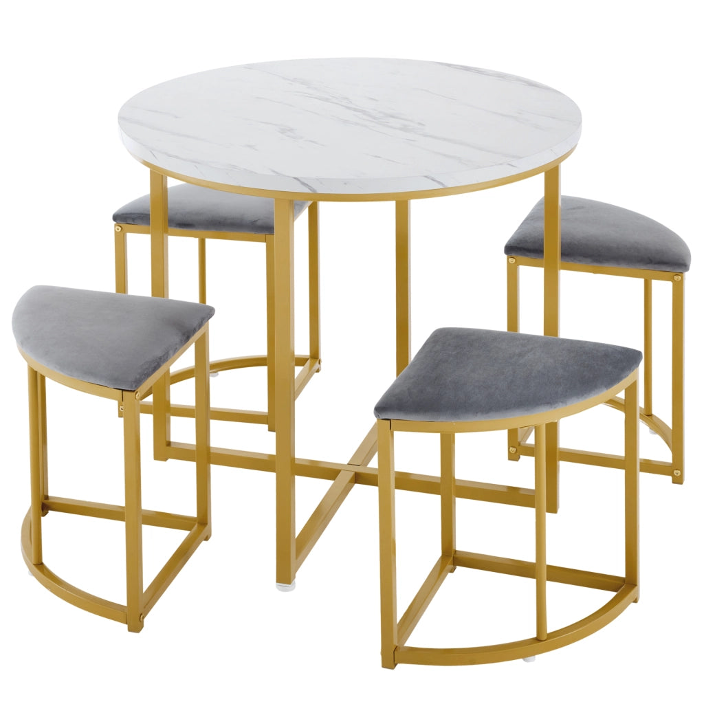 Tavolo da pranzo rotondo per 4 persone con 4 sedie, in MDF e metallo dorato, bianco e grigio, 80 × 80 × 75 cm
