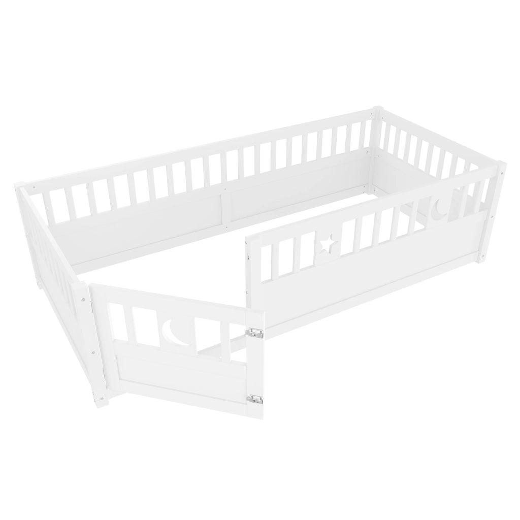 Letto per Bambini 90x190 cm con Sponda; Lucchetto di Sicurezza e Stelle e Luna; Bianco