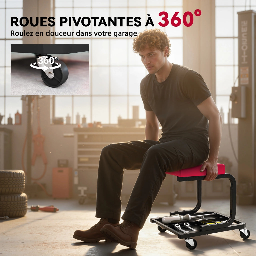 Sgabello da officina mobile con ruote e vassoio ¨C zephmum ¨C 36,5x33,5x35 cm rosso