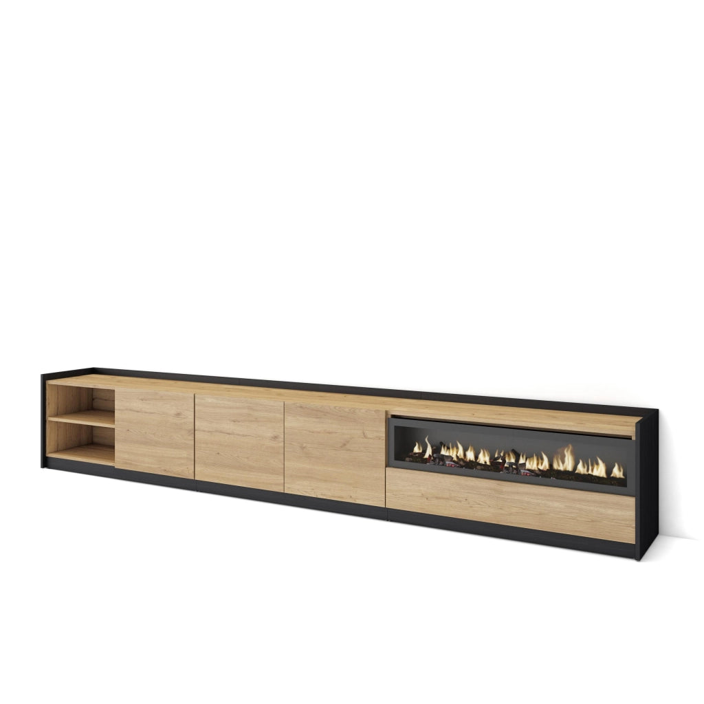Mobile TV Soggiorno, 310x50x37 cm, Per TV fino a 80", Camino elettrico, Rovere e nero