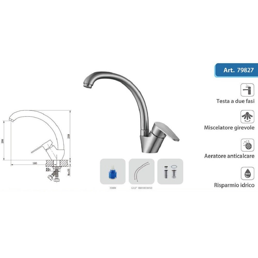 Trade Shop - Rubinetto Cucina Lavello Monoforo Miscelatore Orientabile Cromato Satinato 79827 -
