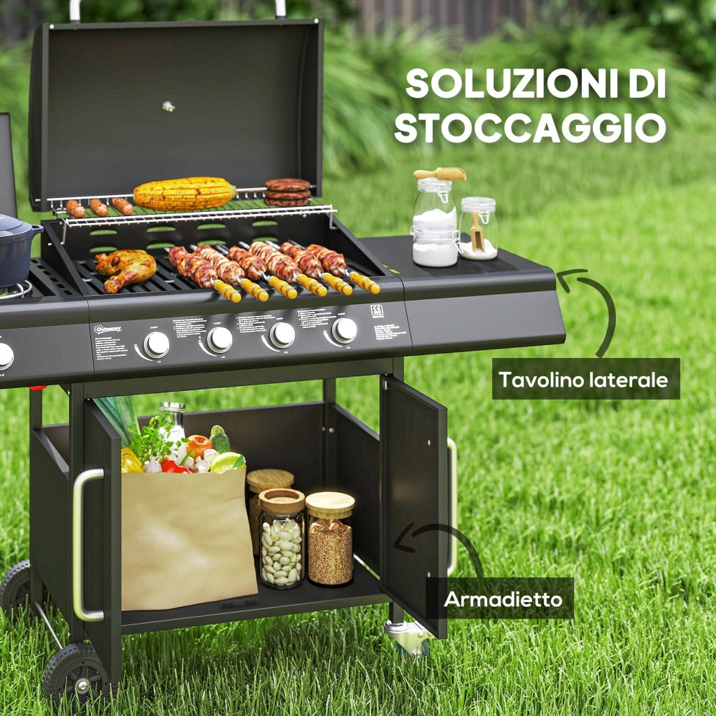 Barbecue a Gas con Fornello Laterale 129,5x56x110 cm Tavolino e Armadietto in Acciaio e PP Nero