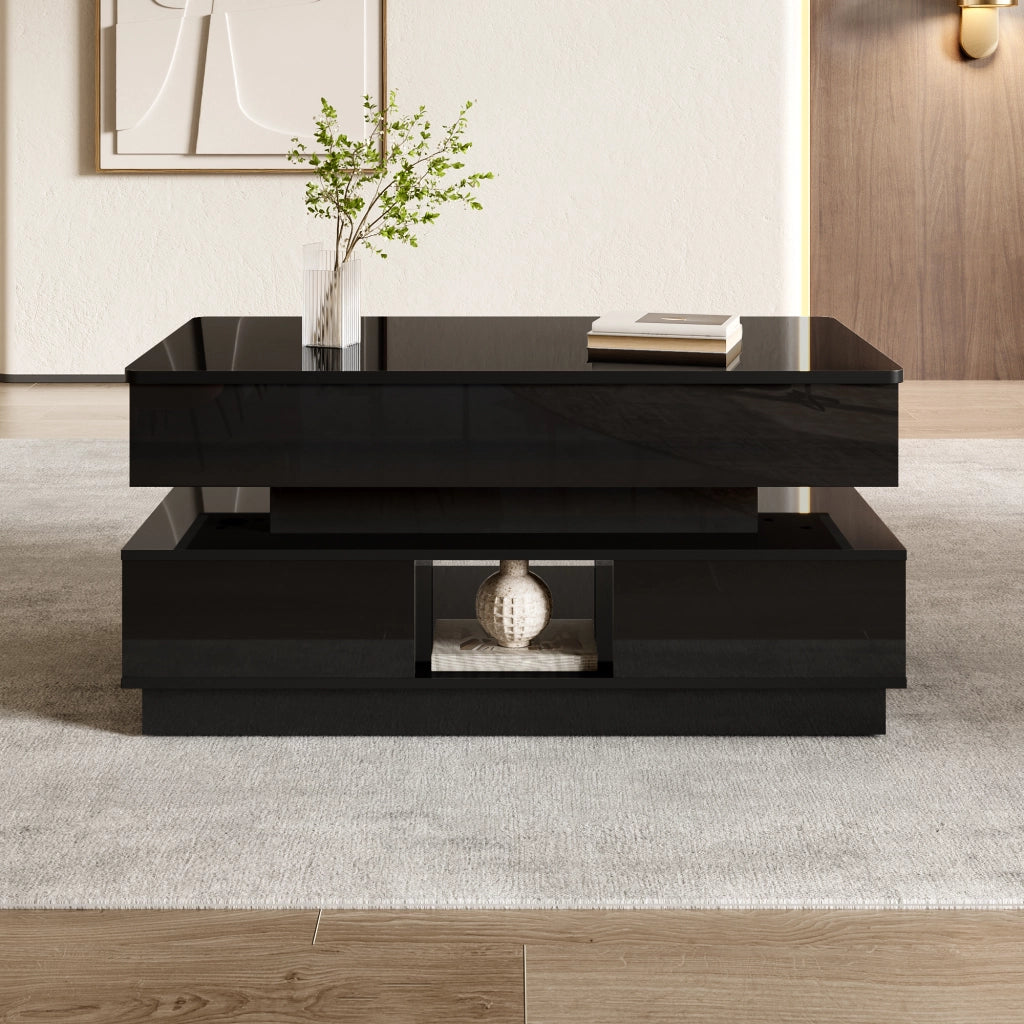 Tavolino basso sollevabile con cassetti vani aperti presa integrata e LED finitura lucida in MDF nero 90 × 48 × 42,5 cm