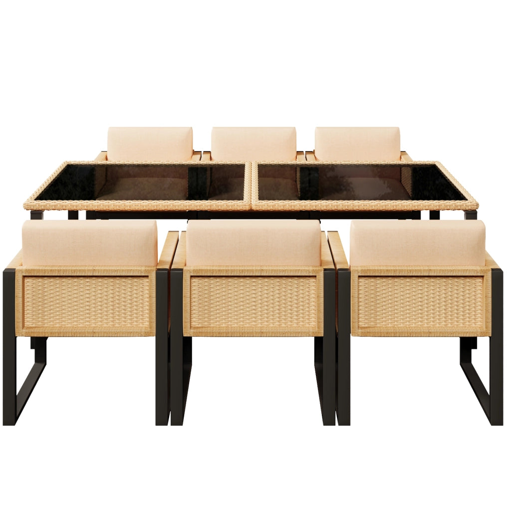 Set da pranzo da esterno in rattan PE con tavolo in vetro temperato e 6 sedie; nero e marrone